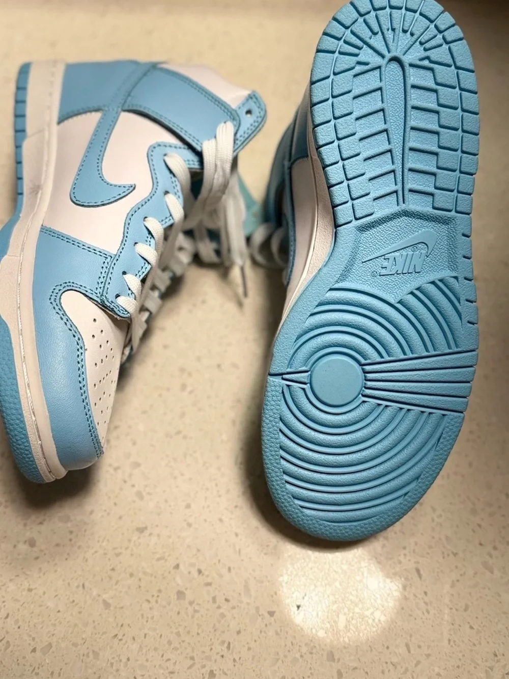 Nike Kids High-Top Sneakers in White and Light Blue with Yellow Logo